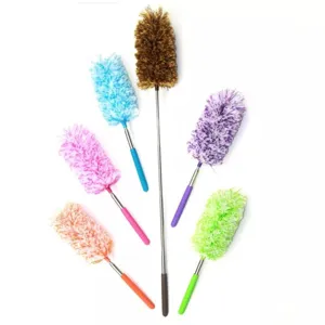 Colorful microfiber telescopic duster with stainless steel pole for home cleaning.