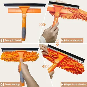 Four-step installation guide for 2-in-1 window cleaning squeegee and microfiber cloth