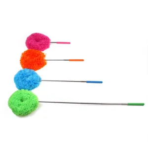 Colorful retractable feather duster detail showing extendable stainless steel pole and soft head.