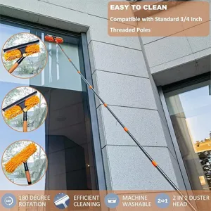 2-in-1 window cleaning tool with microfiber duster and squeegee on extendable pole