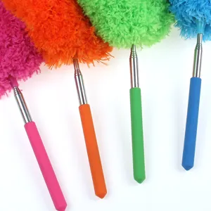 Close-up of colorful telescopic cleaning duster detail, soft fiber head and metal rod.