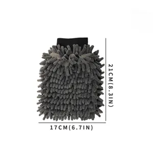 Detailansicht eines grauen Chenille-Waschhandschuhs mit Maßen 21 cm x 17 cm weiß