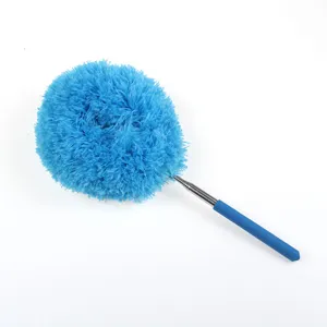Telescopic feather duster with blue fluffy head and stainless steel handle for home cleaning.