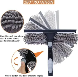 Detail of 2-in-1 window squeegee showing 180 degree rotatable head and chenille cloth
