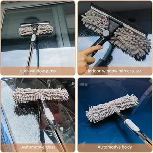 2-in-1 window cleaning tool for high glass, car windshields, and indoor mirrors.