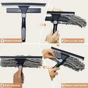 Detailed steps showing the installation of the 2-in-1 glass squeegee and cloth.