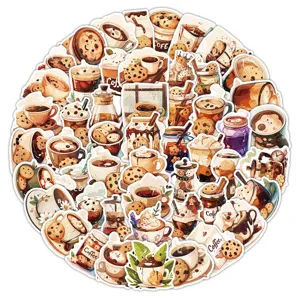 Collezione di adesivi vintage con tazze di caffè e biscotti in calde tonalità marroni