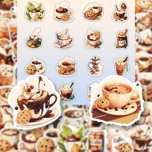 Dettaglio degli adesivi vintage a tema caffè e biscotti impermeabili per scrapbooking fai-da-te