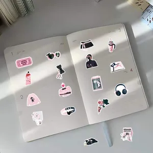 Aesthetic pink and black stickers set for journaling diy crafts and notebook decoration.