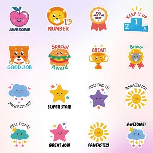 Schattige kinder beloningsstickers set met engelse aanmoedigende woorden voor school.
