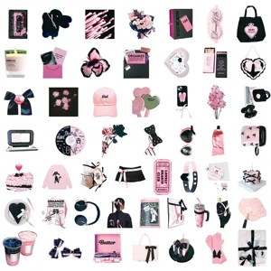 52pcs pink and black ins style aesthetic graffiti stickers coquette cute diy laptop decor items.