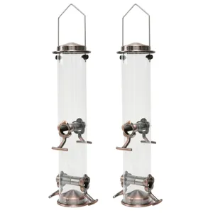 Outdoor hanging bird feeder with metal cap and clear tube for wild birds garden decor.