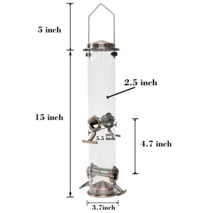 Outdoor hanging metal bird feeder with transparent tube and copper finish, 15 inch height.