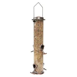 Hanging metal bird feeder for outdoors, clear tube wild bird seed feeder with copper finish.