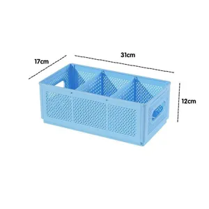 Cestino portaoggetti pieghevole in plastica blu chiaro per scrivania, biancheria e calze.