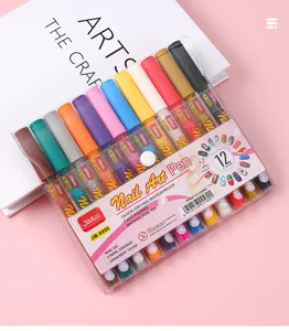 12 Colori Penna Nail Art Fai-da-te Pittura a Mano Linea Fine Pigmento Acrilico Rapido
