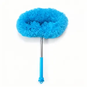 Extendable microfiber duster with stainless steel pole and cute bear handle for home cleaning.