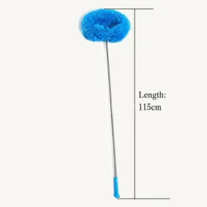 Extendable microfiber duster for household cleaning, blue fluffy head with long adjustable pole.