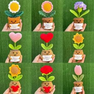 Assorted handmade crochet potted flowers with positive encouragement cards detail view