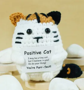 Handmade crochet positive cat doll with cute inspirational message card, yarn crochet kitten gift.