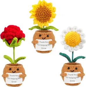 Set of three handmade crochet potted flowers including sunflower and rose with gift cards