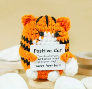 Handmade crochet positive cat doll plush toy holding encouraging message card cute knitted gift.