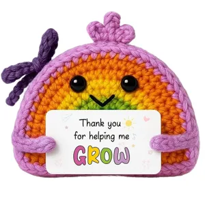 Handmade crochet rainbow plush toy with purple bow and appreciation card, cute decor.