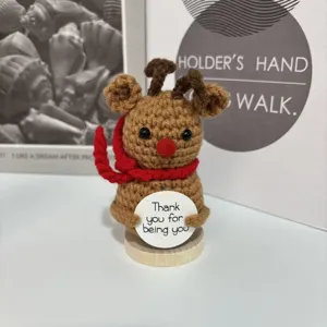 Handmade crochet reindeer ornament with red scarf cute desktop decor gift for friends