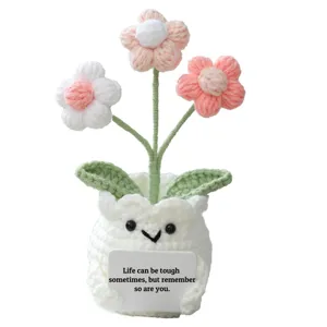 Handmade crochet potted plant cute positive quote gift home desk decor floral ornament