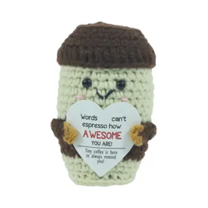 Handmade crochet coffee cup doll emotional support toy with encouraging message card.