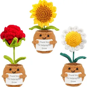 Set of three handmade crochet sunflower and daisy emotional support plant gifts