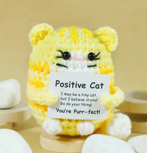 Handmade crochet positive yellow cat doll with card, cute emotional support desk decor item.