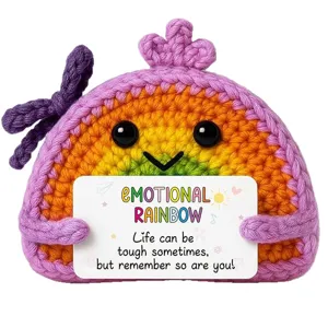 Handmade crochet rainbow doll cute emotional support wool plush toy with greeting card gift.