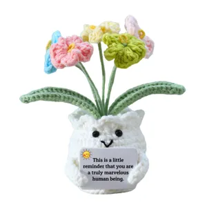 Handmade crochet potted flower doll with positive energy message card for cute room decor.