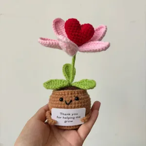 Handmade crochet emotional support potted plant with heart and message card decoration