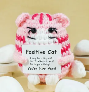 Handmade crochet positive cat doll, cute pink striped animal toy with inspirational card.