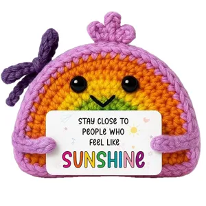 Handmade crochet rainbow doll cute knitted plush toy with positive message card for gift decor.