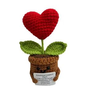 Handmade crochet heart-shaped emotional support plant gift with motivational message card