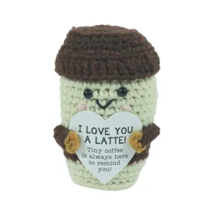 Handmade crochet coffee cup plush doll, cute emotional healing knitted toy for desk decor.