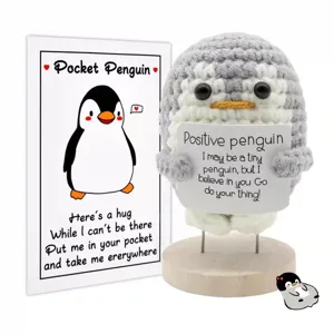 Handmade crochet pocket penguin doll with positive encouragement card cute desk decor gift toy