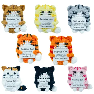 Hand Knitted Crochet Positive Cat Doll Cute Stuffed Animal Desk Ornament With Inspirational Encouragement Card Gift