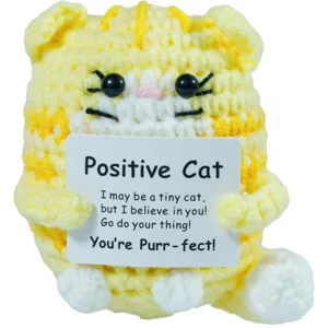 Handmade crochet positive cat doll emotional support cute yellow plush toy main product view.