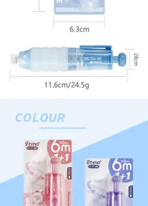 Detailed view of the press-type dot glue pen with dimensions and retail packaging options.