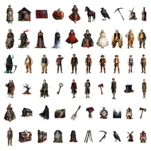 Macro view of 60 vintage Sleepy Hollow character stickers in oil painting style