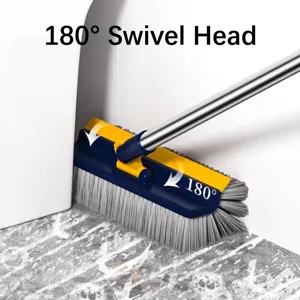 5-in-1 long handle floor scrub brush with 180-degree rotating head for corner cleaning