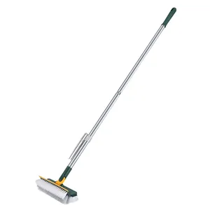 Long-handled floor scrub brush with V-shaped bristles for bathroom tile cleaning