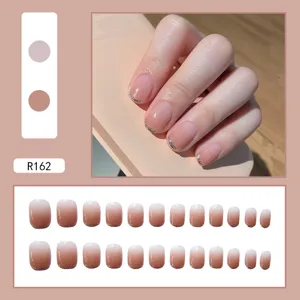 Nude to reddish-brown gradient press-on nails with silver glitter French tips, model R162.