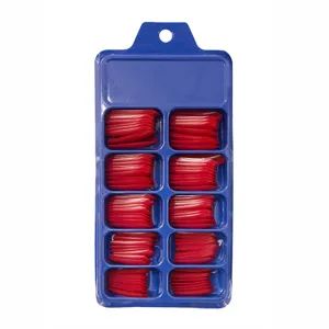Uñas postizas tipo bailarina rojas largas en caja de plástico azul de 10 ranuras