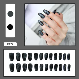 Detailed view of 24pcs dark grey marble pattern press-on nail set and application effect