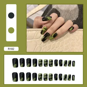 Detailed view of olive green and black brushstroke patterned press-on nails set R182.